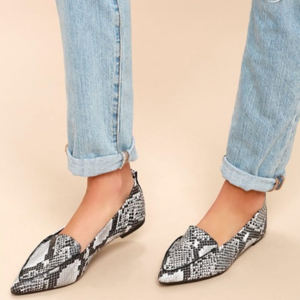 Lulu’s Emmy Natural Snake Pointed Loafers Black White